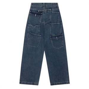 Vaqueros de mezclilla 100% algodón de lavado oscuro, de pierna ancha, holgados, con múltiples bolsillos de parche extragrandes y costuras decorativas. - Product Image 1