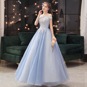 Off The Shoulder Tulle Ball Gown Dress Empire Waist Lace Up Blue Gray Adult Evening Wear - Product Image 2