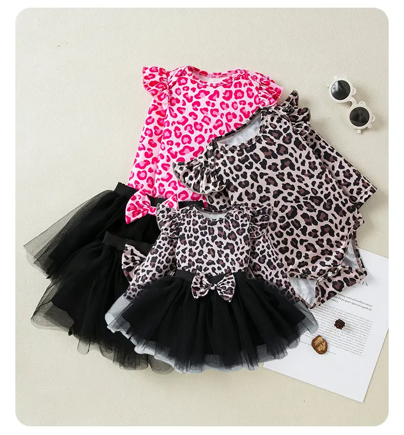 2024 new cotton baby clothes set spring girl leopard romper shorts 2pcs outfit newborn lace tutu skirt