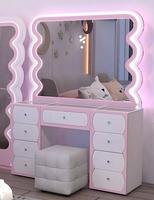 Ensemble de coiffeuse moderne en MDF avec 9 tiroirs, grand rangement, miroir rose princesse pour chambre et salle de bain