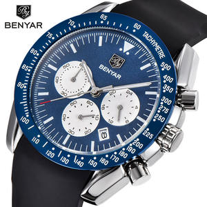 Reloj de Cuarzo Cronógrafo para Hombre Benyar, Esfera de Cristal de Zafiro, Esfera Azul, Correa de Cuero Negra, Resistente al Agua 30M, Acero Inoxidable - Product Image 1