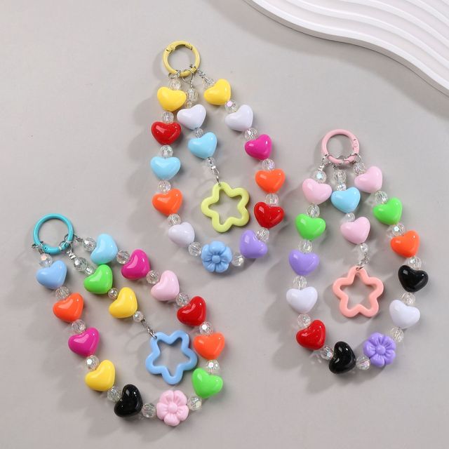 Kawaii Colorful Heart Star Flower Beaded Phone Charm Accessories Y2K Aesthetic Acrylic Bead Chain Key Ring