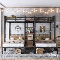 Lit superposé en métal pleine taille XL avec rangement, escalier et étagères, moderne, robuste, gain de place, pour dortoir et appartement, OEM