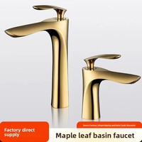 Robinet de lavabo monotrou en acier inoxydable feuille d'érable dorée, pour eau chaude/froide, idéal pour l'aspiration transfrontalière