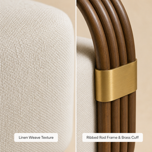 Fauteuil <span class=keywords><strong>de</strong></span> salon incurvé avec structure <span class=keywords><strong>en</strong></span> bois cannelé, accents <span class=keywords><strong>en</strong></span> laiton, coussin <span class=keywords><strong>en</strong></span> bouclette crème, fauteuil sculptural pour salon, personnalisable OEM ODM - Product Image 3