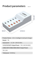 Protection de sécurité multiple, chargeur AC 50W, coque ABS PC, 10 ports QC3.0 5V/2.4A, chargeur rapide, chargeur de bureau intelligent