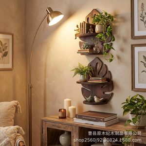 Wooden <b>Wall</b> <b>Mounted</b> Double Layer Plant Display Rack Irregular Shape Float <b>Shelf</b> For Living Room Storage - Product Image 4