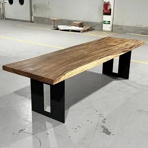 直边木板桌工业金属基木全板桌餐厅木板桌