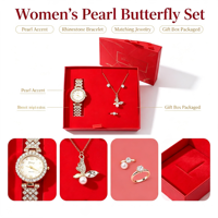 Ensemble cadeau de luxe pour femmes, 3 pièces, montre en cristal, collier de perles, bague, pour femmes, cadeau de la Saint-Valentin, anniversaire