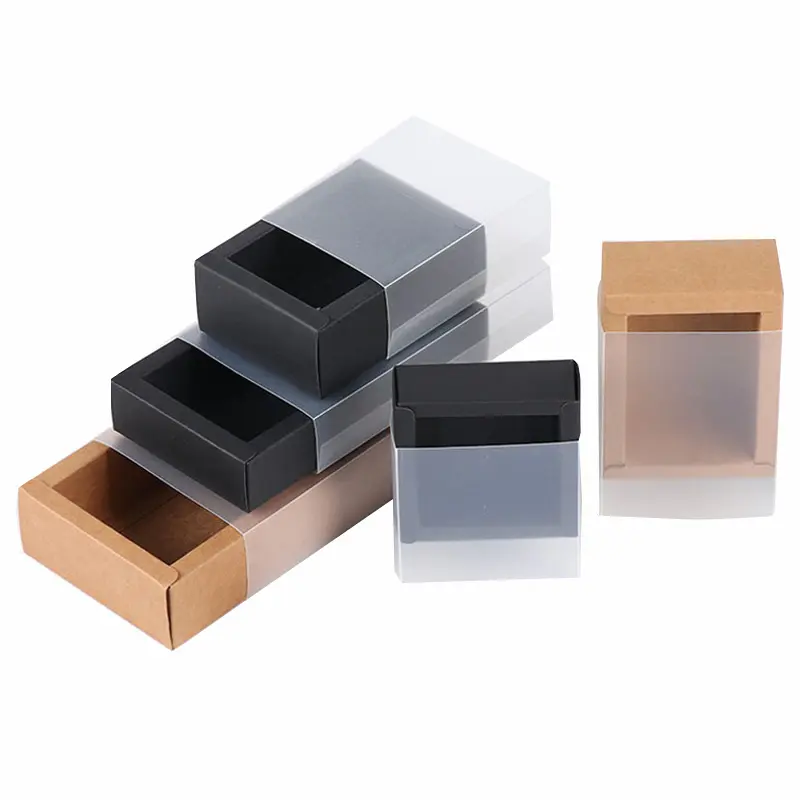 Small Cosmetic Black Paper Custom Folded Packaging Box Transparent PVC Drawer Cardboard Boxes With Clear Lids