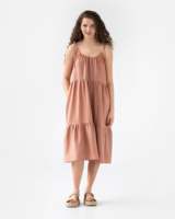 OEM Robe midi d'été respirante et fluide Silhouette trapèze pour femmes Robes décontractées à volants en lin Robe De Tirantes De Lino