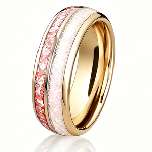 Anello Nuziale Artigianale con Opale Rosa di Cheng Jewelers, 8mm, Pietra Naturale, Anelli in Carburo di Tungsteno Dorato per Anniversario - Product Image 4