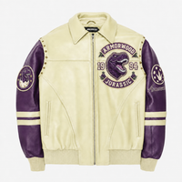 Jaket Baseball Kulit Asli Dua Warna Pria Custom dengan Bordir Aplikasi Patch Warna Blok Jaket Kulit Domba Produsen OEM