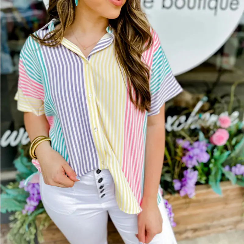 ملابس نسائية قمم متعددة الألوان شريطية قميص المرأة الصيف مخطط عارضة العصرية تي شيرت متعدد الألوان مخطط زر أسفل أعلى