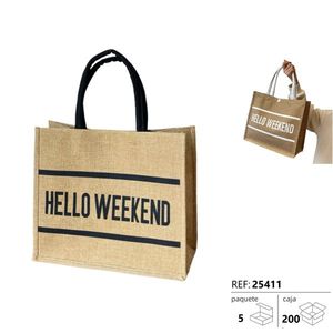 Hello Weekend Tote Bag Jute Material Black Handle 25411 Promotional Use - Product Image 3