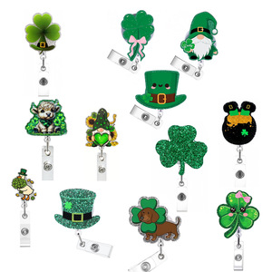 Cute Acrylic Dwarf Green Lucky Clover Nurse ID Card Holder with Retractable Alligator <b>Clip</b> Scroll - Product Image 1