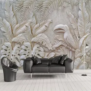 Custom Foto Behang Voor Muren 3D Stereoscopische Reliëf Plant Blad Vogel Achtergrond Muurschildering Voor Woonkamer Restaurant Decor