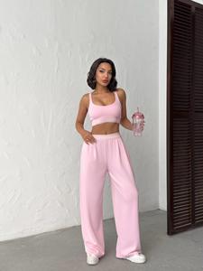 Yoga Sets Crop Top With Pad Wide Leg <b>Pants</b> Solid Color <b>Spandex</b> Full Length Scoop Neck Sleeveless For Workout And Leisure - Product Image 4