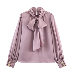 TAOP&ZA Nouvelle Collection Hiver 2025 – Blouse Vintage en Soie Satinée à Boutons, Respirante, Simple, avec Nœud Papillon et Col Montant à Manches Longues - Product Image 1