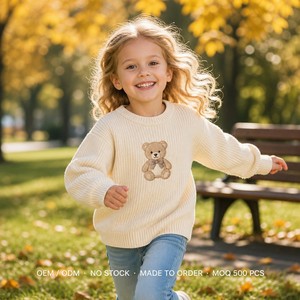 OEM ODM Unisex Kinder Elfenbein Rundhals-Strickpullover mit Teddybär-Stickerei Langarm-Pullover für Herbst und Winter Maßgefertigte Kinderkleidung - Product Image 3