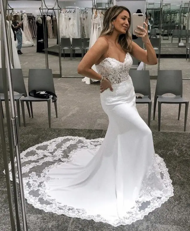 Soft white wedding dresses full trumpet v neck 2023 wedding dress with lace sheer beaded bodice sequins