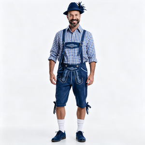 Chemise à carreaux bleu et <span class=keywords><strong>blanc</strong></span> pour homme, broderie bleu foncé, ensemble <span class=keywords><strong>complet</strong></span> Lederhosen, chapeau à plumes, chaussettes blanches, chaussures, tenue bavaroise pour l'Oktoberfest - Product Image 5