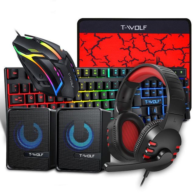 T-WOLF TF850 USB Wired Backlit Ergonomic Gaming Keyboard Mouse Headset Five-Piece Set 1000dpi Spanish