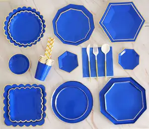 어린이 성인 생일 파티 식기 진한 파란색 단색 도금 일회용 종이 접시 식사 접시 피크닉 식기