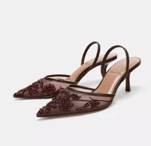 Sandalias de Tacón Alto con Cuentas de Cristal Bordadas para Mujer, Diseño de Punta en Pico con Decoración de Cuentas - Product Image 5