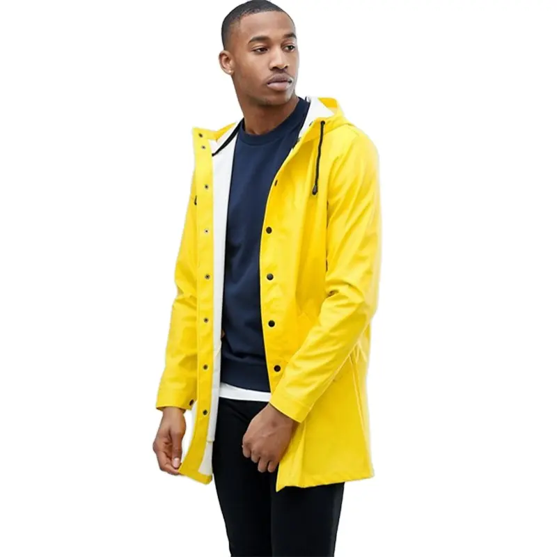 KY สีเหลือง Unlined ออกแบบ drawstring กดสตั๊ดถุงน่อง Storm flap กระเป๋าอเนกประสงค์เสื้อกันฝนกันน้ำสำหรับชาย