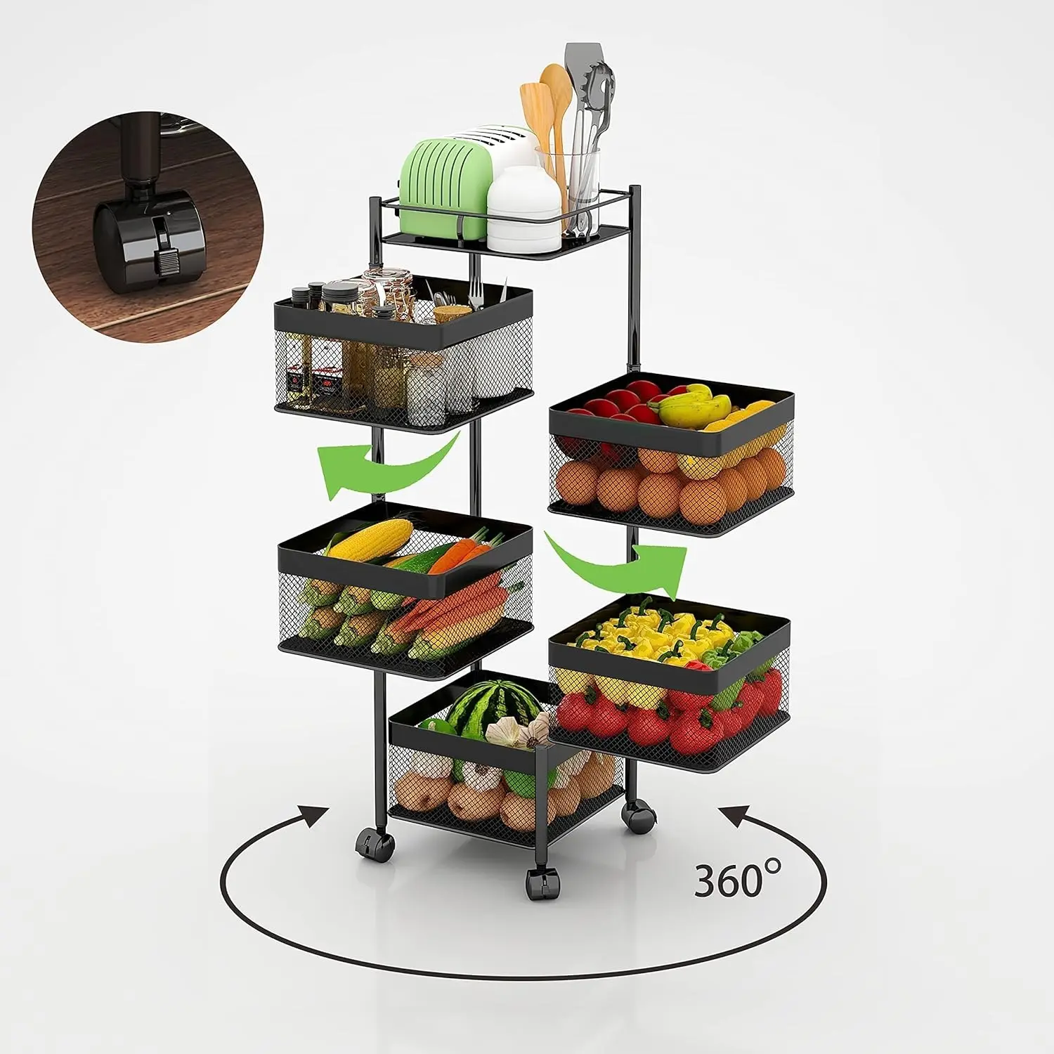 رف دوار منزلي مربع متعدد الطبقات لتخزين الخضروات والفاكهة قابل للنزع مناسب للمطبخ