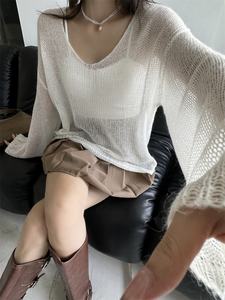 Doux <span class=keywords><strong>fait</strong></span> à la <span class=keywords><strong>main</strong></span> Mohair gluant Ma Haimao femmes décontracté col <span class=keywords><strong>en</strong></span> v <span class=keywords><strong>pull</strong></span> haut Micro Transparent pour le printemps et l'automne - Product Image 4