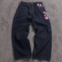 Jean en denim sur mesure de haute qualité pour homme, style streetwear décontracté, motif floral brodé à carreaux, coupe droite, denim selvedge, fente utilitaire