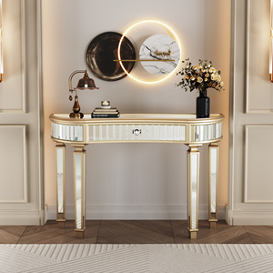 Half Moon <b>Mirrored</b> <b>Console</b> Table 47 In Fluted Glass Drawer Crystal Knob Vanity Desk For Bedroom Dressing Area - Product Image 4
