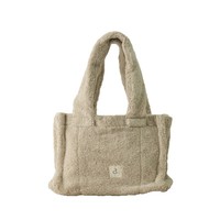 Bolso Tote de Tela de Felpa para Mujer, Bolso de Hombro de Felpa, Color Verde Salvia Beige, Bolso Pequeño con Asas y Logotipo, Bolso Cómodo