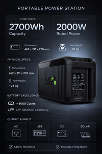 Supersafe T27 3000W <b>Solar</b> <b>Generator</b> Portable Power Station 110V/230V Output 2 kWh 3.2V 280AH Battery Metal Construction Fan - Product Image 2