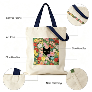 Sac fourre-tout en toile à imprimé animalier chat noir et floral pour femme - Grand format (>50cm) Design mignon pour l'école, le travail, la plage, les voyages, les courses - Product Image 6