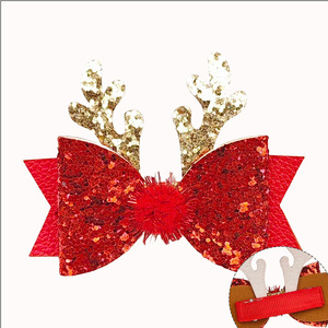 Christmas Xmas Children's Glitter Edge Sequins Barrettes Reindeer <strong>Antler</strong> Hair Clips Girls Bow Hairpin Fabric Accessories - Product Image 6