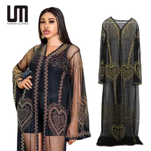 Liu Ming Damen bekleidung Sexy African Fashion Mesh Stoff Strass Dekoration Luxus Robe V-Ausschnitt Langes Kleid