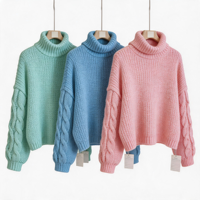 Pull en maille à col roulé pour femme, vert menthe uni, tricot torsadé, manches lanternes, épaules tombantes, bordure côtelée, style décontracté