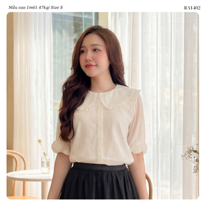 เสื้อผู้หญิงผ้าชีฟองเมทัลลิก คอปีเตอร์แพน แต่งระบาย แขนครึ่งแขน สไตล์หรูหราสำหรับใส่ทำงาน รับผลิตแบบ OEM ODM ราคาขายส่ง - Product Image 6
