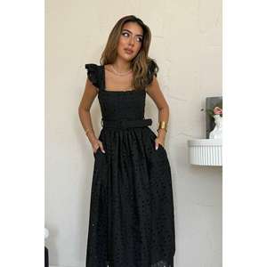 Robe de soirée élégante noire en organza brodé, coupe trapèze, avec décolleté en V, superposition transparente, taille naturelle et dos nu - Product Image 3