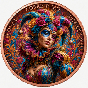 Lencana 3D Tembaga Murni .999 2024 Ley, Bentuk Bulat 1 Onza, Topeng Karnaval Harlequin Venesia, Wanita, Hari Orang Mati Meksiko - Product Image 1