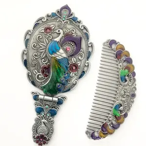 俄罗斯复古手柄化妆镜梳子套装礼品镜可折叠手持小镜子
