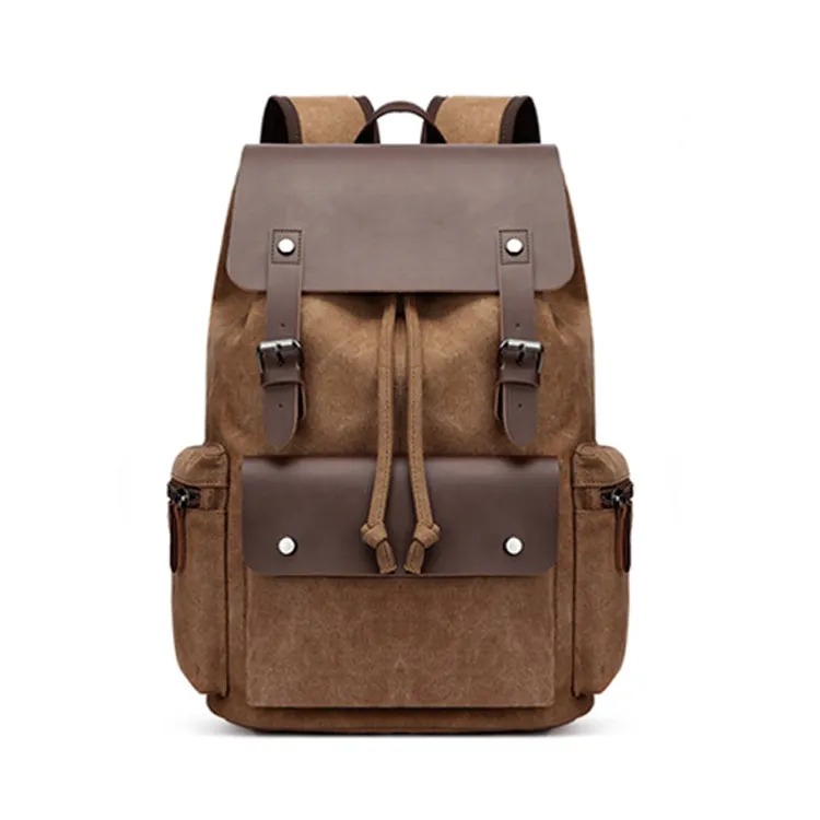 Customized wholesale coffee vintage back pack bag male drawstring rucksack hipster school man canvas leather backpack for men