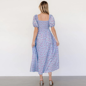 Rivenditore <span class=keywords><strong>Online</strong></span> abito da donna di moda floreale stampato con collo quadrato abito a sbuffo abito estivo Casual elegante - Product Image 5