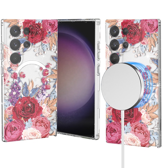 Luxury Glitter Flower Pattern Magnetic TPU+PC Shockproof Phone Case for S26/S25/S24/S23/S22 & for Series Magnetic Ring Holder