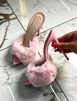 Mules à talons hauts pour femmes 12CM/10CM, à bout ouvert, en fausse fourrure, style stiletto