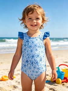 SR3192 rts Combinaison pour bébé fille, motif nœuds bleus, manches volantes, style bulle, vente en gros - Product Image 5