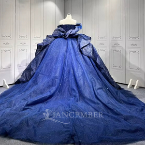 Jancember LSMU156 Abito da Ballo 'Notte Stellata' con Spalle Scoperte, Ampio Volume, per Ballo di Fine Anno e Quinceañera, Blu Scuro Glitterato - Product Image 3